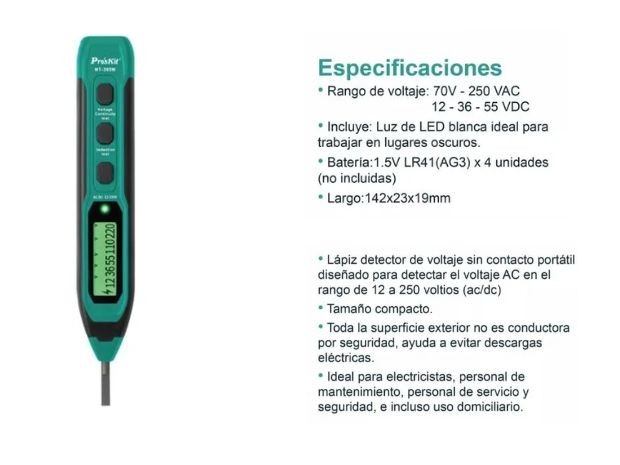 &u+ DETECTOR DE VOLTAJE 12 - 250V AC-DC PROSKIT NT-305N 